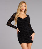 Designed for any plan on your calendar from winter formals to engagment photoshoots, the Angie Flocked Velvet Pearl Mesh Mini Dress is a black long sleeve dress that refreshes your fall closet in one simple step.