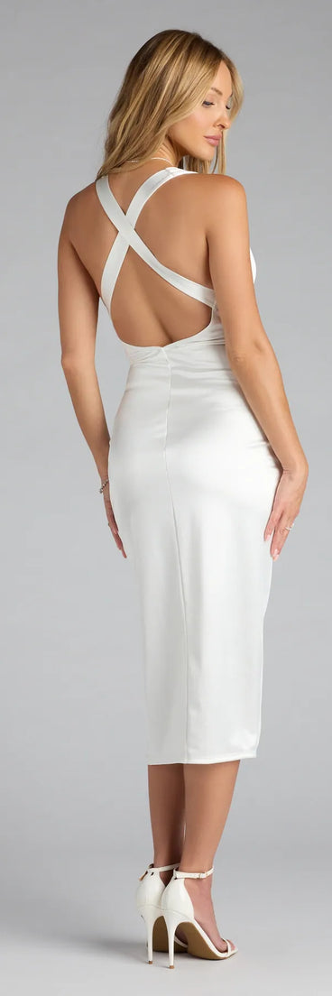 Slip into polished style with this satin midi dress—the Abigail V-Neck Strappy Satin Midi Dress in white stuns with a flattering length and stylish details for dinners, parties, or weddings.