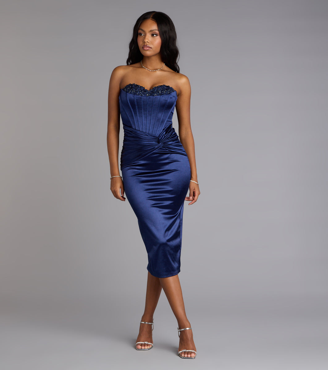 Christy Satin Lace-Up Bustier Midi Formal Dress | Windsor