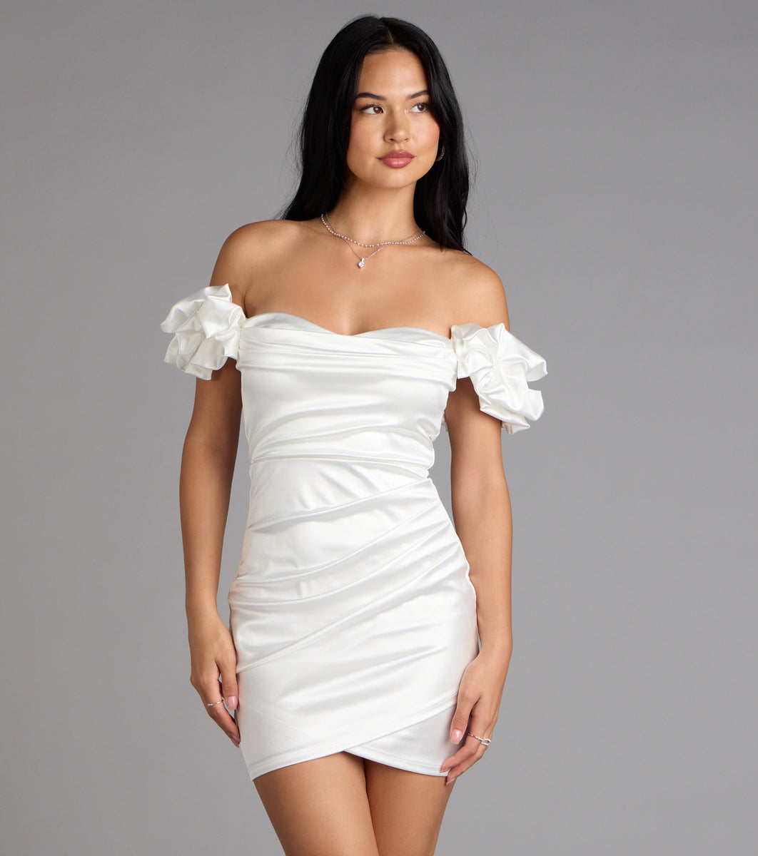 windsor off-the-shoulder mini dress reviews Kathrin Satin Off-The-Shoulder Mini Dress