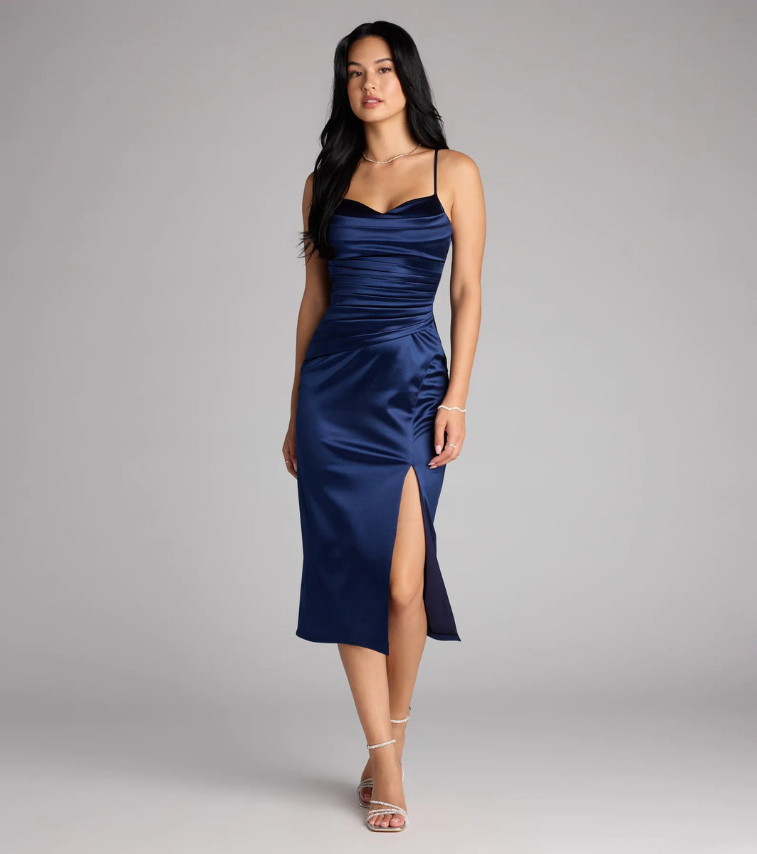 green emerald velvet dress Melody Satin Slit Midi Formal Dress