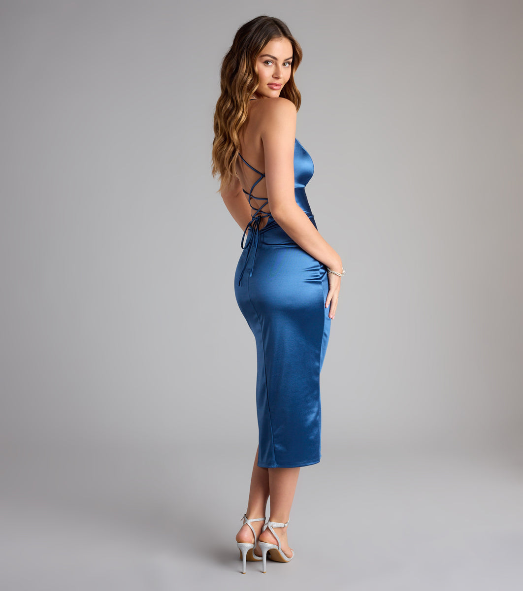 backless satin midi dress Ophelia Satin Lace-Up Midi Formal Dress
