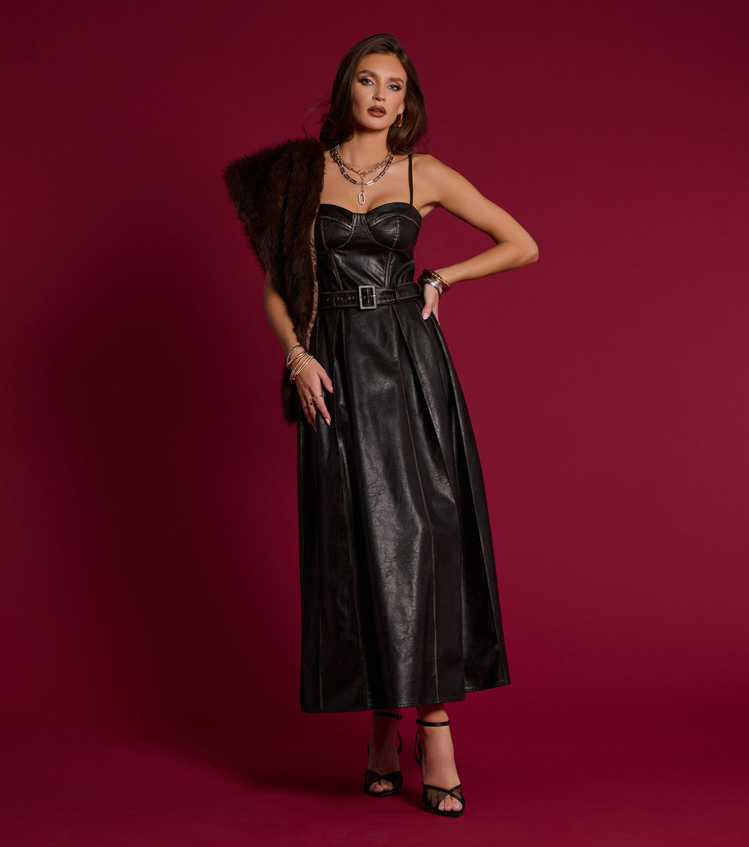 green emerald velvet dress Miss Circle Women's Eliana Olive Faux Leather Dress - Green main image 0