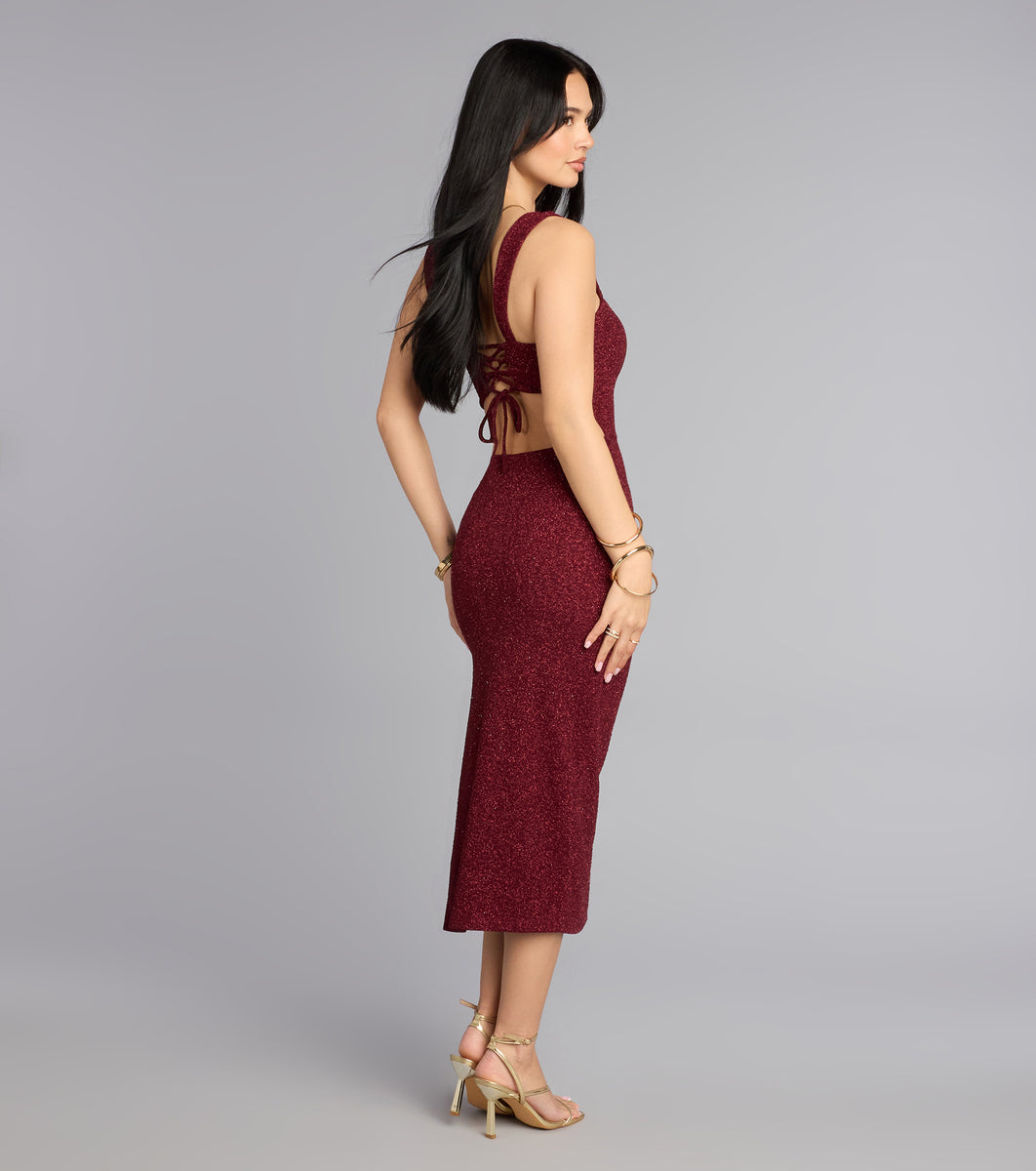 Marlowe Glitter Lace-Up Midi Formal Dress in Pink | Size: XS