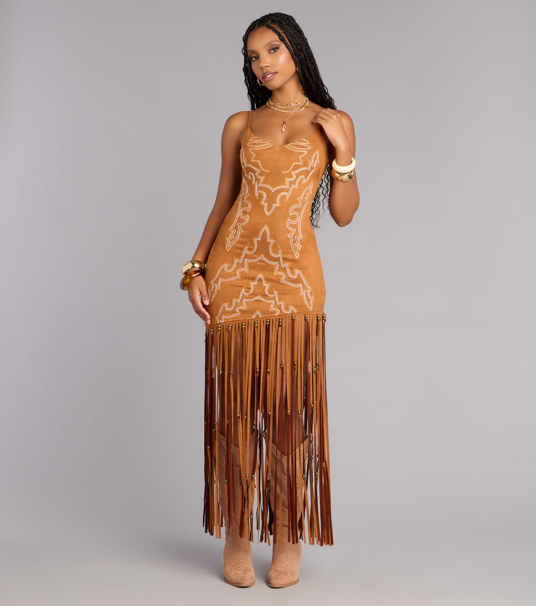 Willa Western Faux Suede Fringe Dress in Brown | Size: M