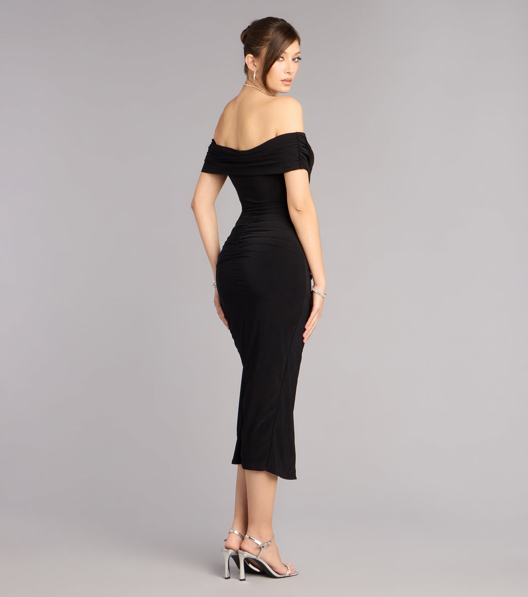 black off the shoulder midi dress Windsor Karol Off-The-Shoulder Midi Formal Dress in Wine | Size: XS