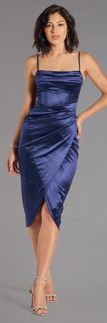 The Margaret Formal Satin Wrap Midi Dress is your new go-to Windsor dress—effortless, versatile, and made to update your fall style in seconds.