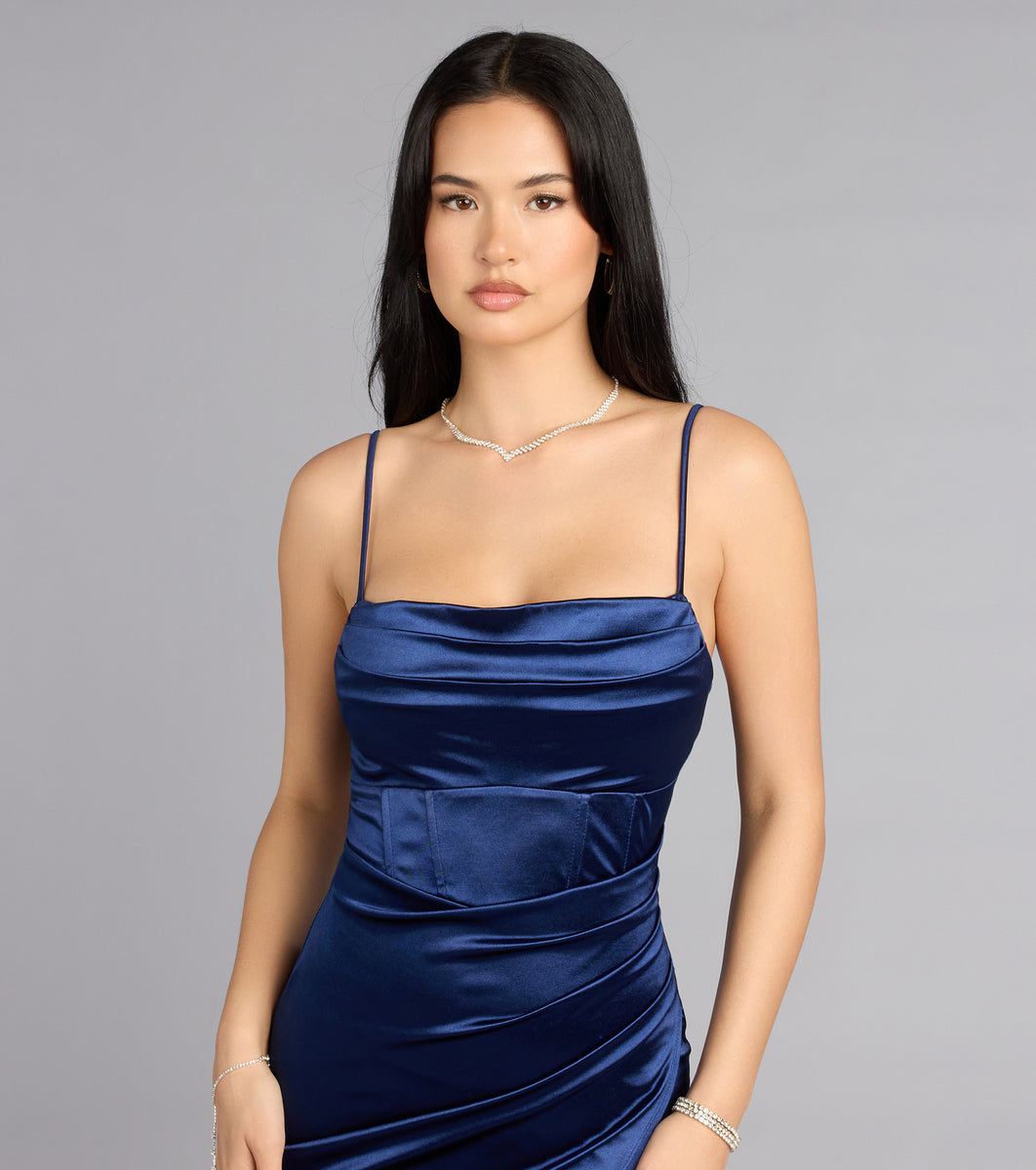 Margaret Formal Satin Wrap Midi Dress in Navy Blue | Size: L | Rhinestone/Satin Fabric | Windsor