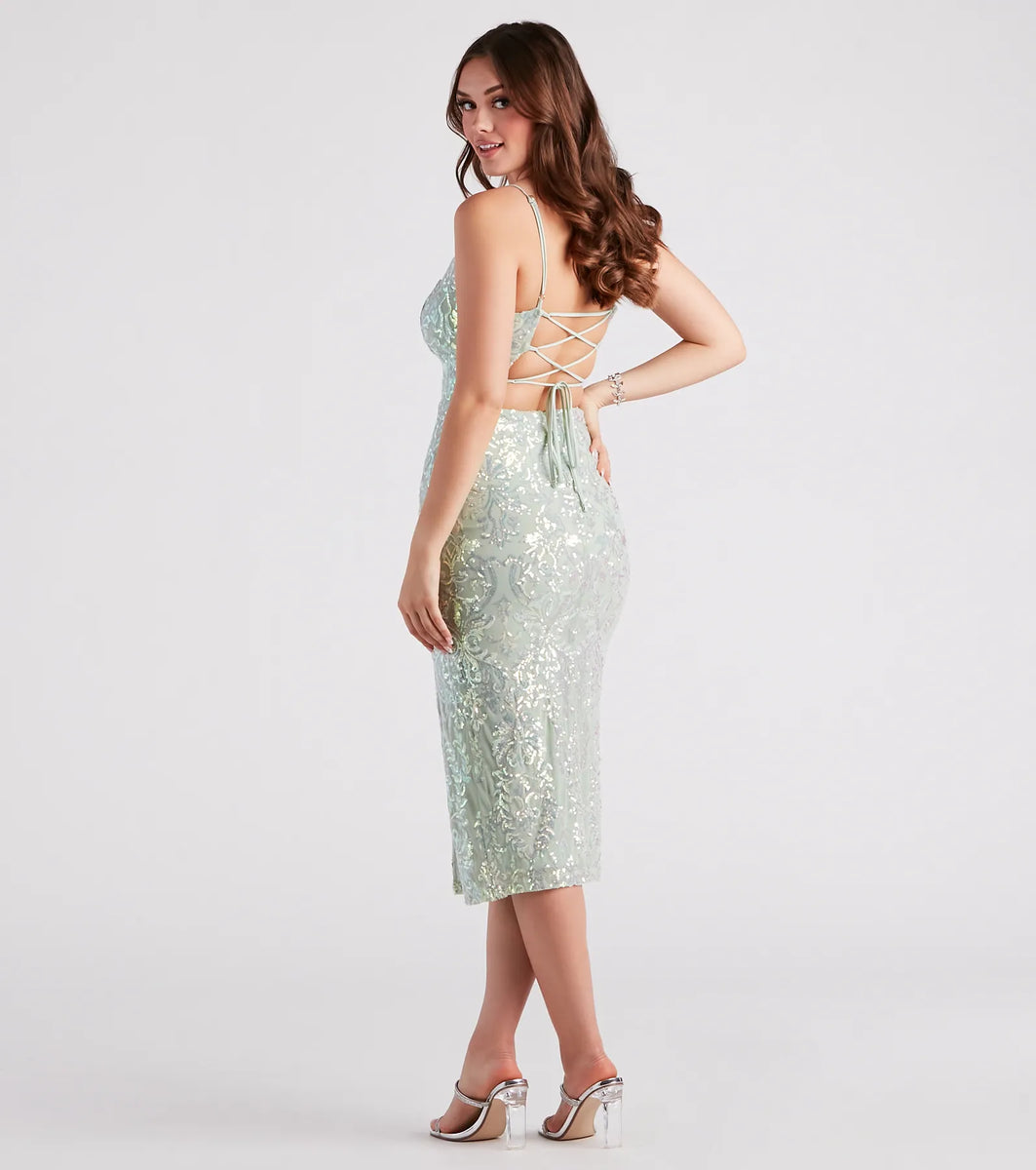 Roxanne Formal Sequin Lace-Up Midi Dress | Windsor