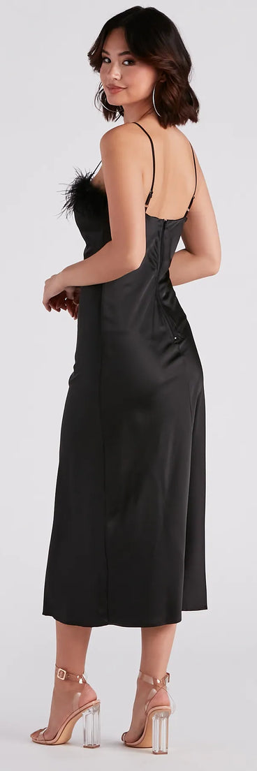 Lizzy Feather Trim Satin Slip Dress
