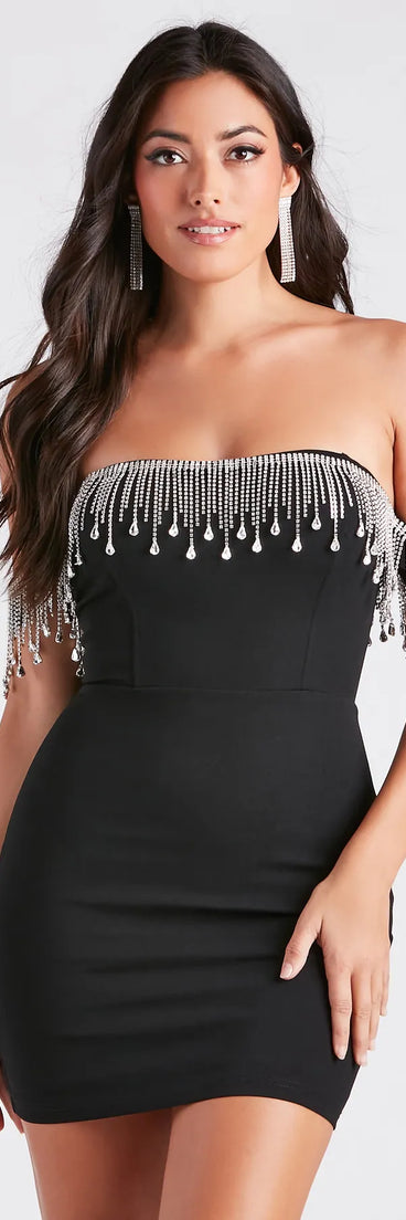 Shaylee Rhinestone Fringe Off-The-Shoulder Dress