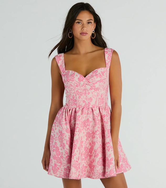 The Cassie Corset Floral Jacquard Party Skater Dress is a mini dress that will make a statement with its short hemline and on-trend details to have you ready for any event!
