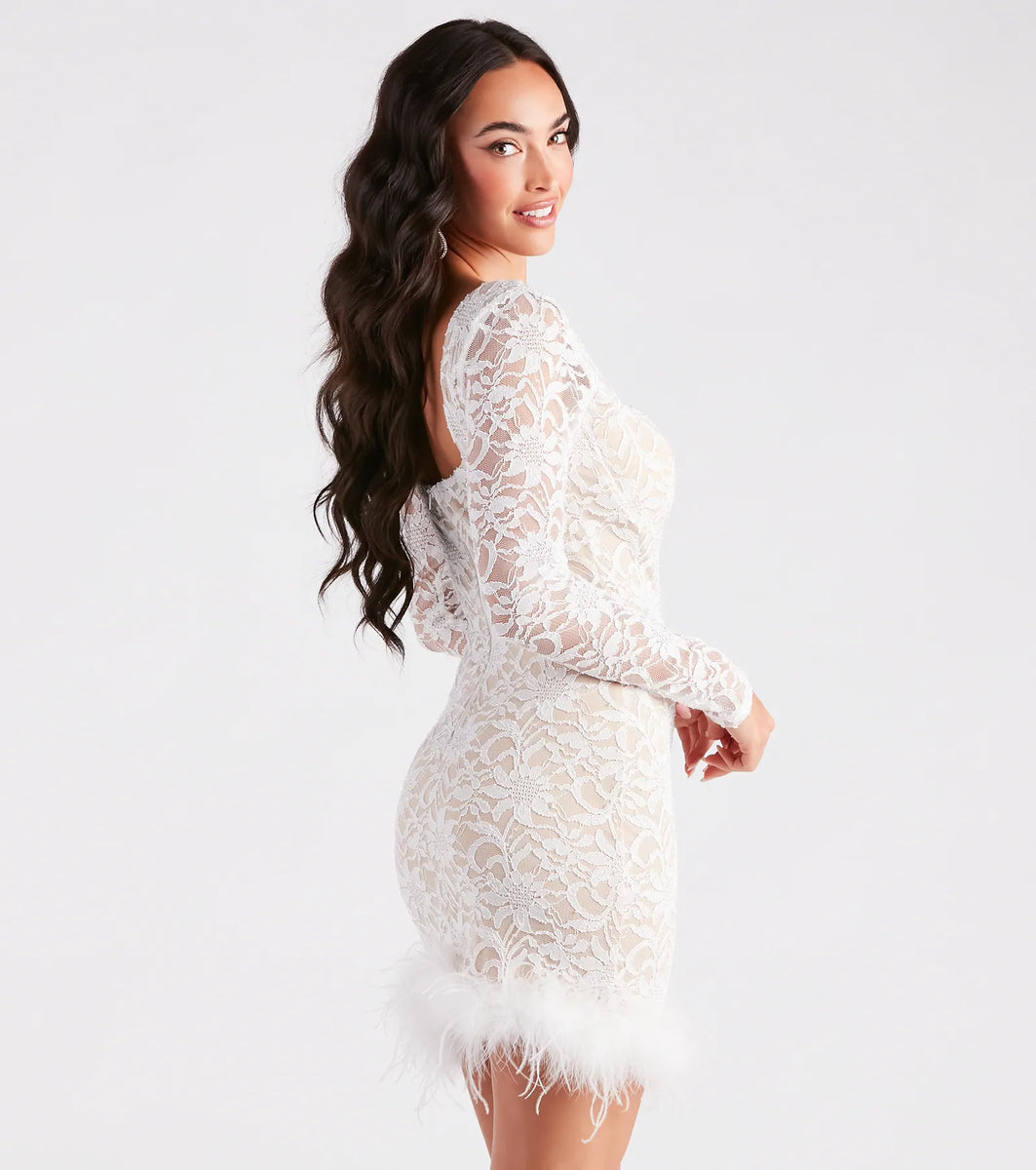 Natasha Lace Long Sleeve Feather Mini Dress Natasha Lace Long Sleeve Feather Mini Dress