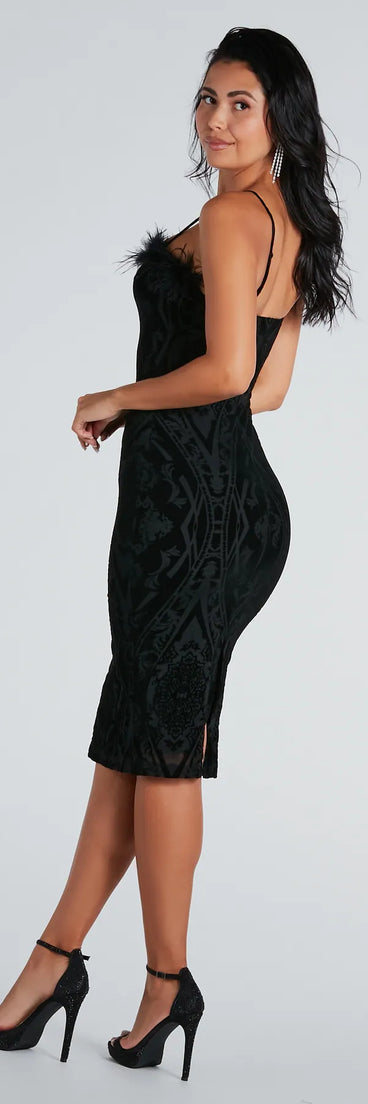 Roselyn Velvet Flocked Mesh Formal Midi Dress