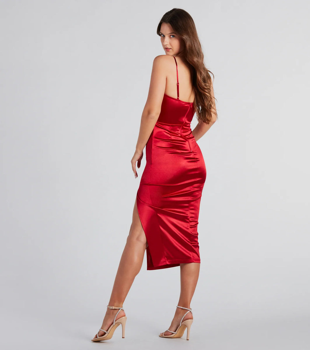Alena Formal Satin Cowl Neck Midi Dress | Windsor