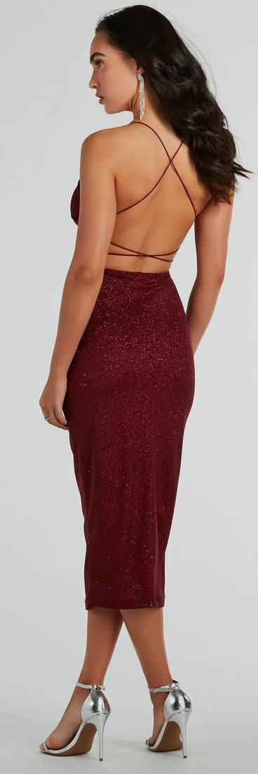 You'll be the best dressed in the Lynn Strappy Back Glitter Midi Formal Dress as your winter formal dress with beautiful and unique details from Windsor.