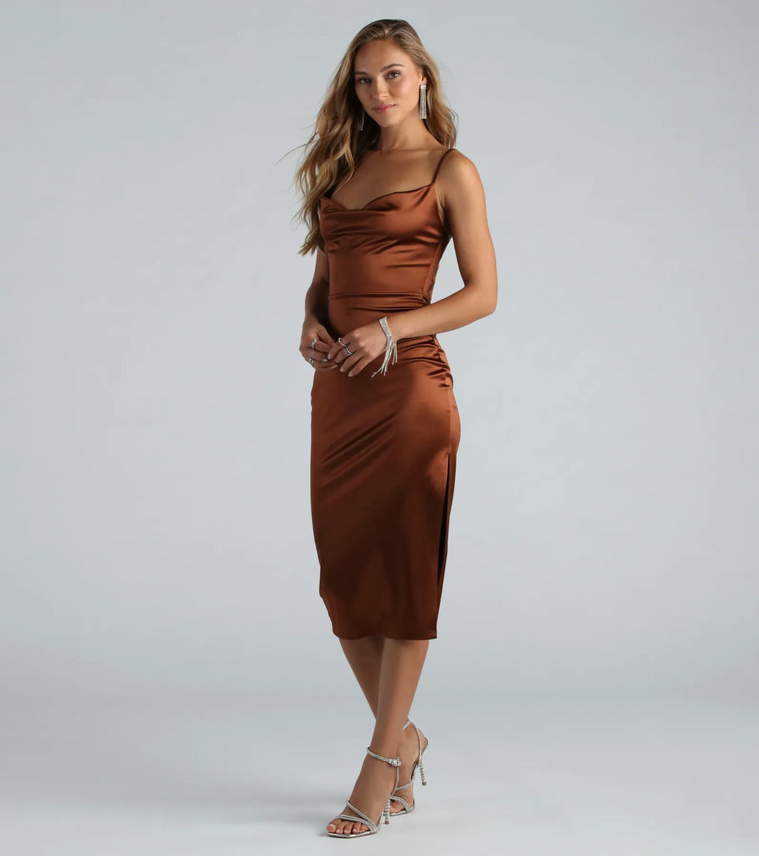Emilia Satin High Slit Formal Midi Dress | Windsor