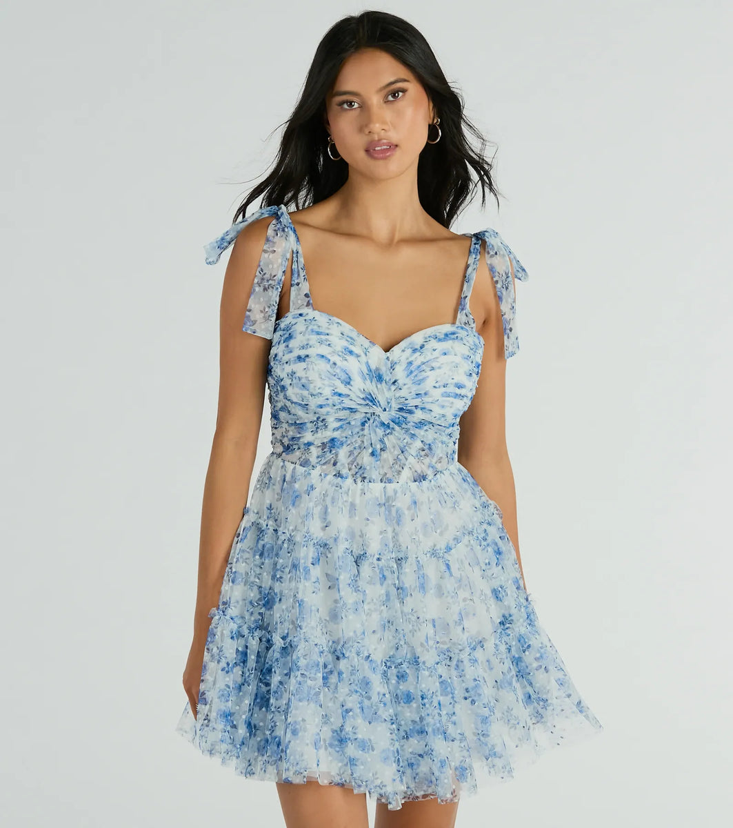 Brynne Formal Floral Mesh Ruffled Skater Dress | Windsor