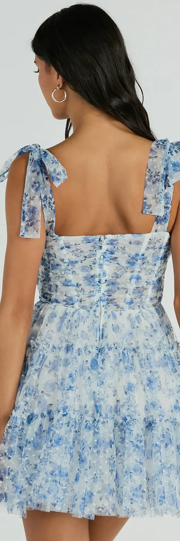 Own the evening in the Brynne Formal Floral Mesh Ruffled Skater Dress in blue, a fall cocktail dress perfect for rooftop parties and stylish soirées.