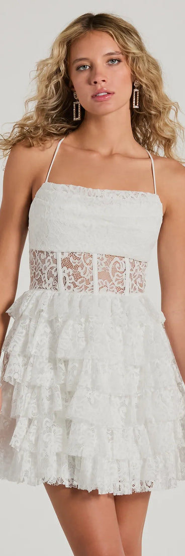 Step into milestone moments with the Rochelle Ruffled Sheer Lace Formal Mini Dress, a standout in white dresses perfect for birdal showers, Easter celebrations, and 2025 grad looks.