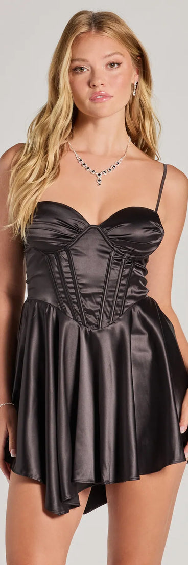 The Stevie Bustier A-Line Satin Party Dress is a mini dress that will make a statement with its short hemline and on-trend details to have you ready for any event!