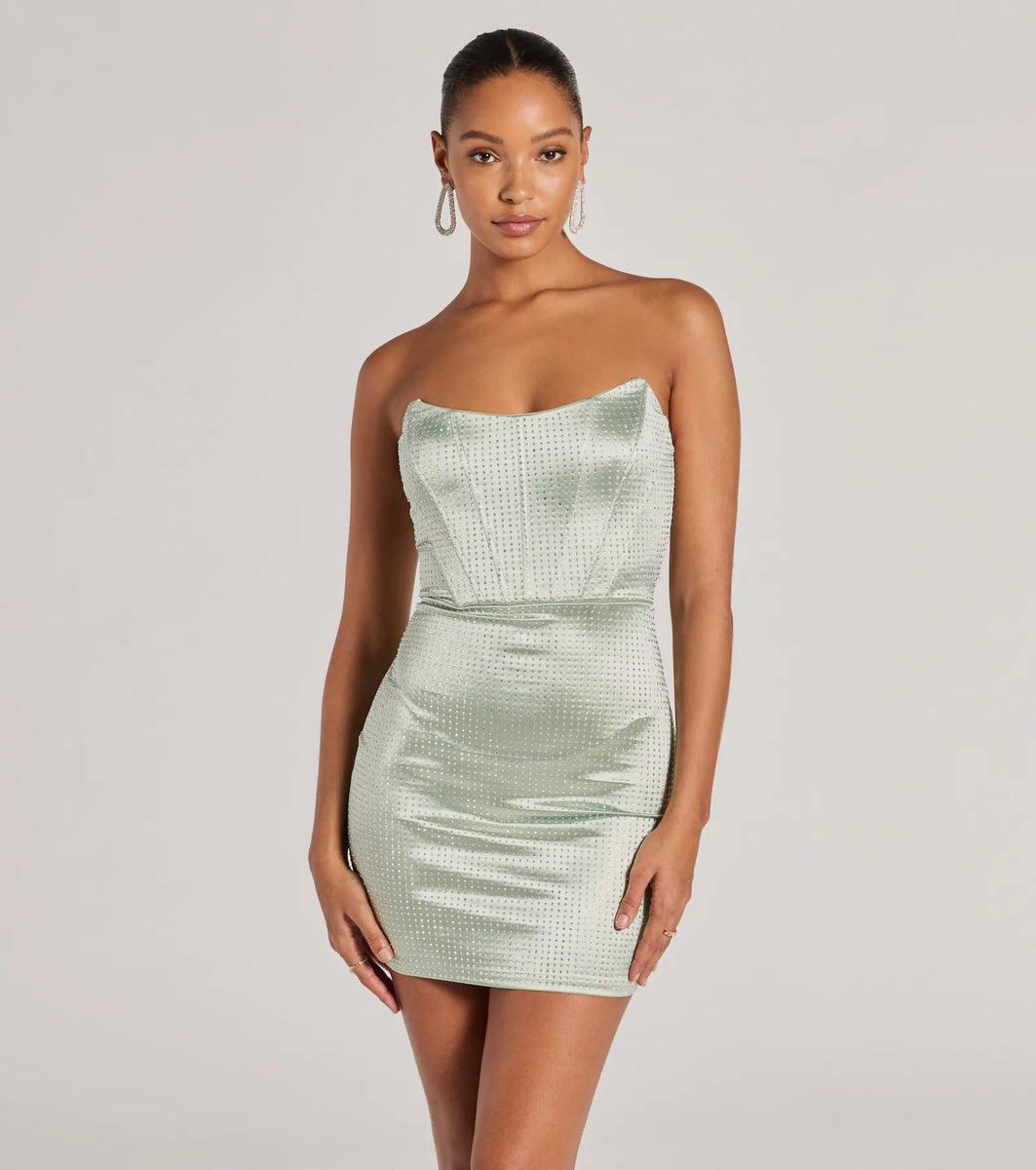 Lily Strapless Corset Rhinestone Satin Mini Dress | Windsor