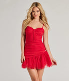 The Lottie Ruched Tulle Corset Mini Dress is a red dress, an essential holiday or NYE dress that pairs chic style with versatility making it perfect for cocktail events, New Year's Eve parties, or as a winter wedding guest look.