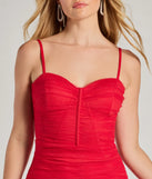 The Lottie Ruched Tulle Corset Mini Dress is a red dress, an essential holiday or NYE dress that pairs chic style with versatility making it perfect for cocktail events, New Year's Eve parties, or as a winter wedding guest look.