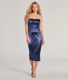 Make the big day unforgettable with the Sylvia Strapless Glitter Satin Formal Dress, a gorgeous navy blue bridesmaid dress that balances elegance and affordability.