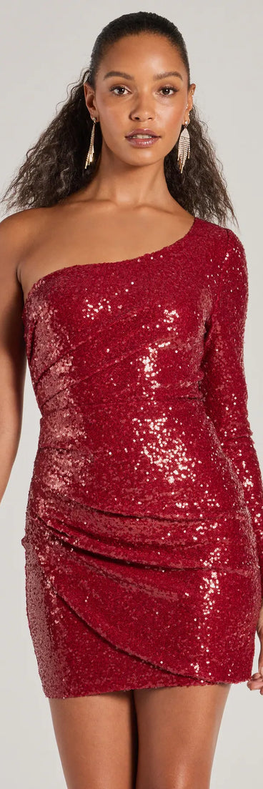 Steal the spotlight in the Sandra Sequin One-Shoulder Mini Dress in red, a fiery pick from the red homecoming dresses collection designed for bold entrances.