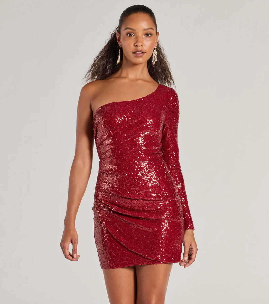 red glitter one shoulder dress short red glitter dress Rita One Shoulder Sequin Mini L / Red