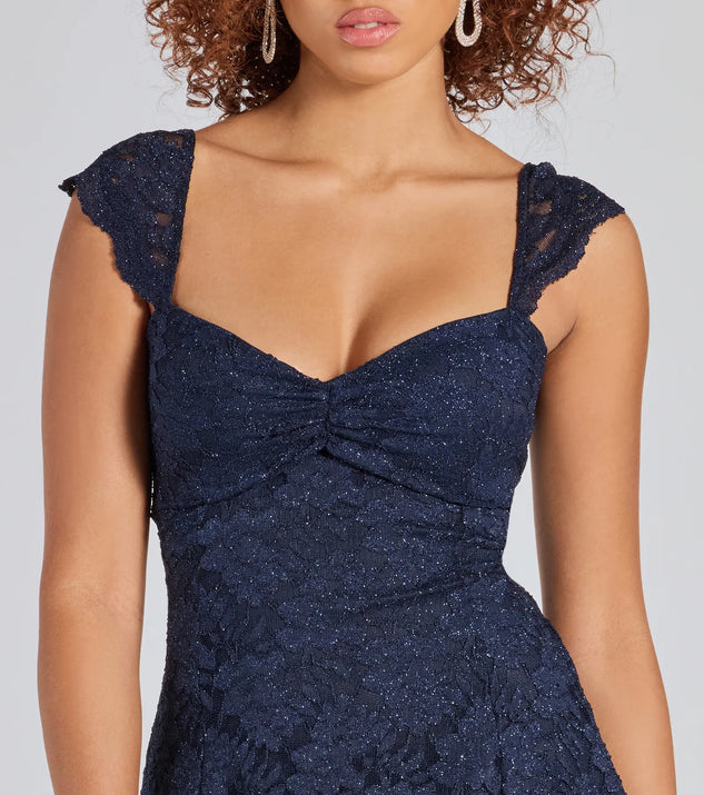 Own every entrance in the Ayzel Lace-Up A-Line Glitter Lace Dress, a navy blue party dress perfect for milestone birthdays and grad parties, or dancing through summer nights and unforgettable bachelorette celebrations.