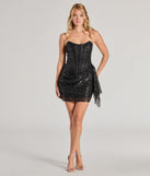 The Candance Strapless Corset Sash Sequin Mini Dress is a dazzling black sequin dress, perfect for making a bold entrance at any event, from cocktail parties to formal celebrations.