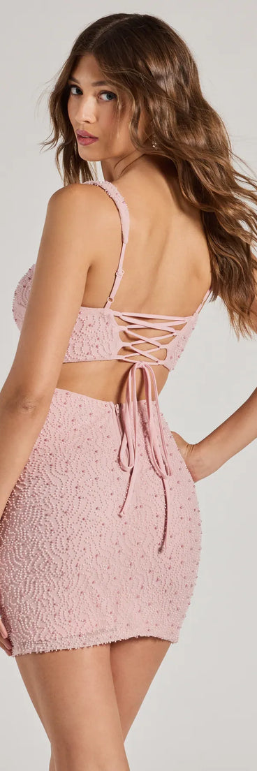 Laurie Pearl Beaded Mesh Lace-Up Mini Dress in pink, a stunning Valentine's Day dress with a flattering fit and romantic details, perfect for date night or Galentine’s celebrations.
