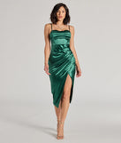 The Myla Corset Satin Asymmetrical Midi Dress is an elegant hunter green formal dress in a rich seasonal color and with unique design accents that make dressing up for winter parties, holiday balls, or festive gatherings effortless!