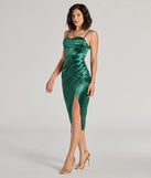 The Myla Corset Satin Asymmetrical Midi Dress is an elegant hunter green formal dress in a rich seasonal color and with unique design accents that make dressing up for winter parties, holiday balls, or festive gatherings effortless!