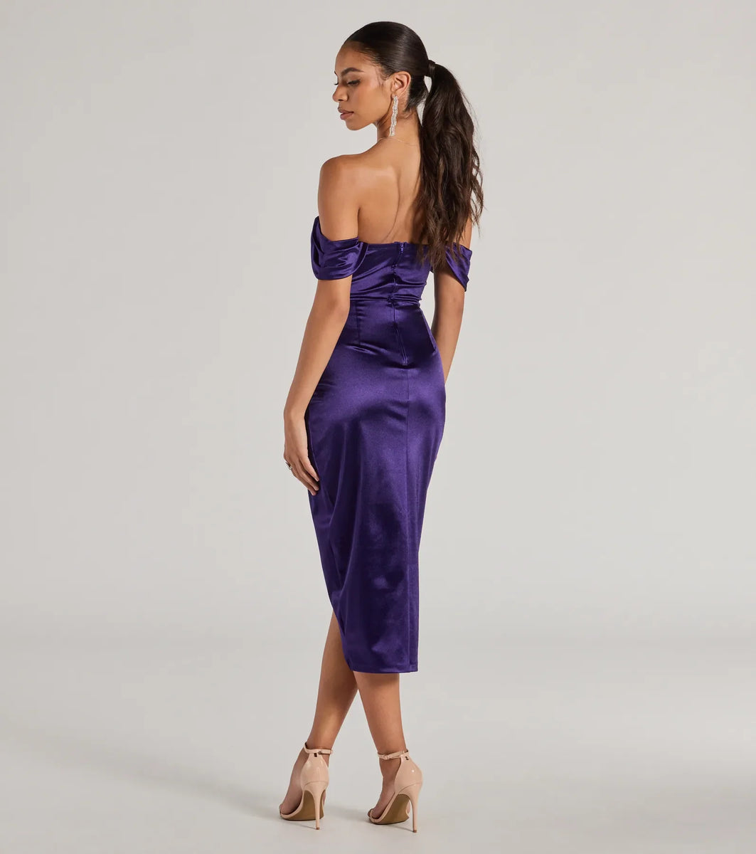 Gaia Satin Off-The-Shoulder Wrap Midi Dress | Windsor