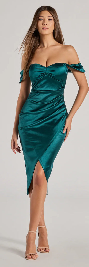 Feel instantly put-together in the Gaia Satin Off-The-Shoulder Wrap Midi Dress in hunter green, a stylish wedding guest dress designed for confident style and all-out celebration.