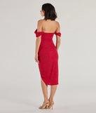 The Lennon Glitter Knit Off-The-Shoulder Midi Dress is an elegant red formal dress in a rich seasonal color and with unique design accents that make dressing up for winter parties, holiday balls, or festive gatherings effortless!