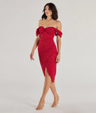 The Lennon Glitter Knit Off-The-Shoulder Midi Dress is an elegant red formal dress in a rich seasonal color and with unique design accents that make dressing up for winter parties, holiday balls, or festive gatherings effortless!