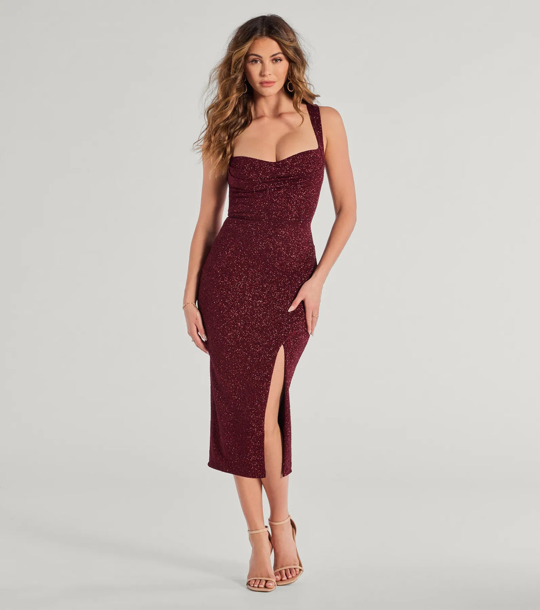 Arlette Lace-Up High Slit Glitter Knit Midi Dress | Windsor