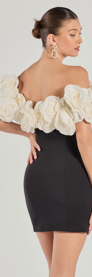 Own the evening in the Nancy Off The Shoulder Floral Mini Dress in black, a summer cocktail dress perfect for rooftop parties and stylish soirées.