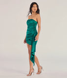 Make a statement in the Carlene Ruched Satin Bodycon Mini Dress, a teal bodycon dresses that blends unique design details with a tight silhouette for a head-turning holiday or New Year's eve dress.