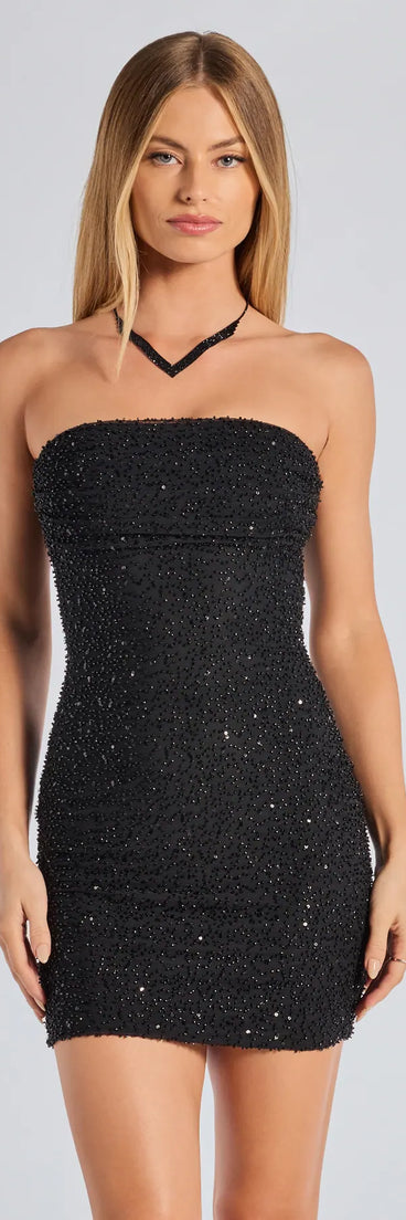 Feel ready for every dance floor moment or feed-worthy reel in the Lena Strapless Bodycon Beaded Mesh Mini Dress, a black homecoming dress designed to own your moment.