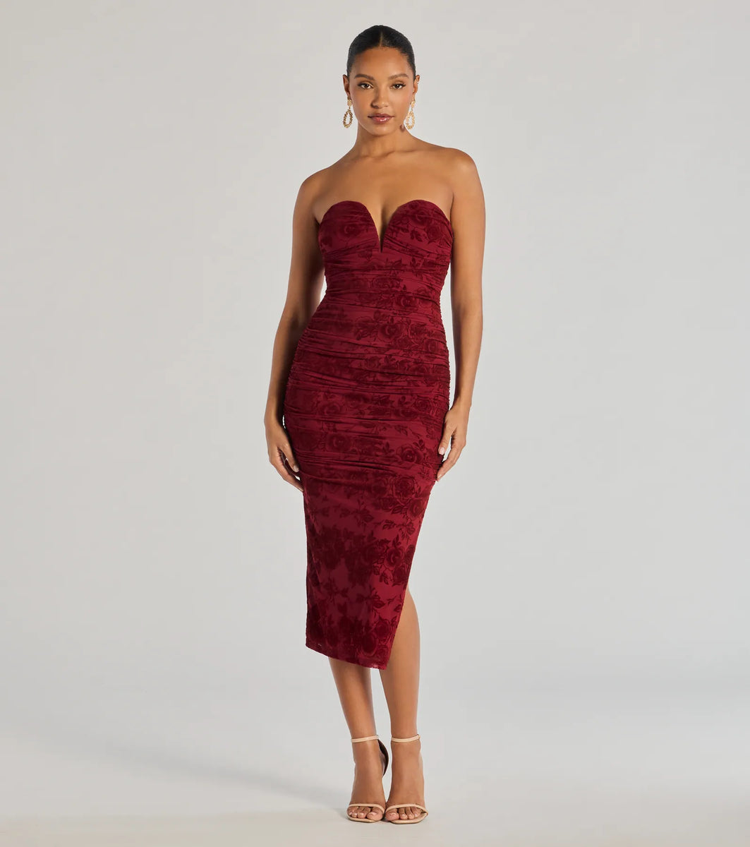 strapless velvet midi dress Destiny Strapless Velvet Mesh Midi Dress