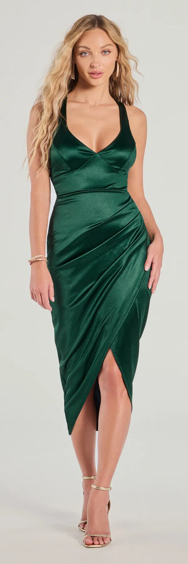 Feel instantly put-together in the Sheila Lace-Up Satin Midi Formal Dress in hunter green, a stylish wedding guest dress designed for confident style and all-out celebration.