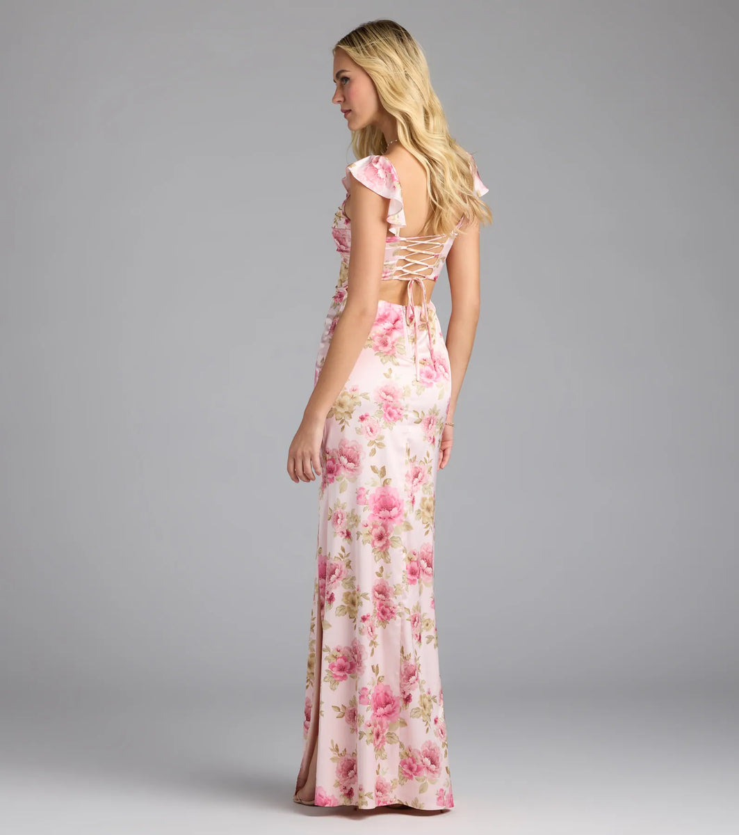 Alena Floral Satin Ruffle Sleeve Column Dress | Windsor