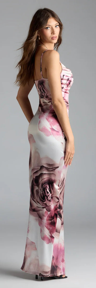 Own the spotlight in the Solada Cowl Neck Slit Floral Satin Formal Dress, a rose formal dress crafted to deliver luxe style for autumn weddings, Military Balls, or any special event.