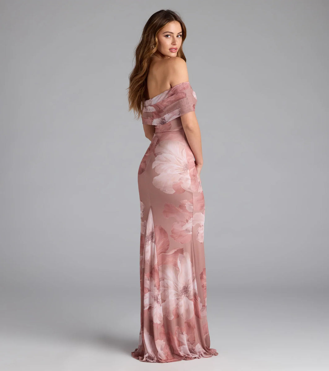 Windsor Mikayla Off-Shoulder Mermaid Floral Formal Dress in Mauve | Size: Xs | Knit Fabric/Mesh Fabric/Mesh Fabric