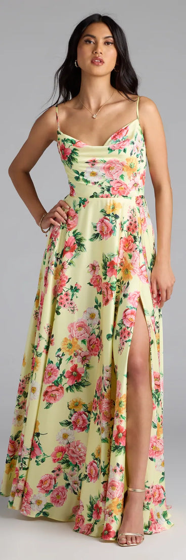 Feel instantly put-together in the Robina Lace-Up A-Line Floral Satin Formal Dress in yellow, a stylish wedding guest dress designed for confident style and all-out celebration.